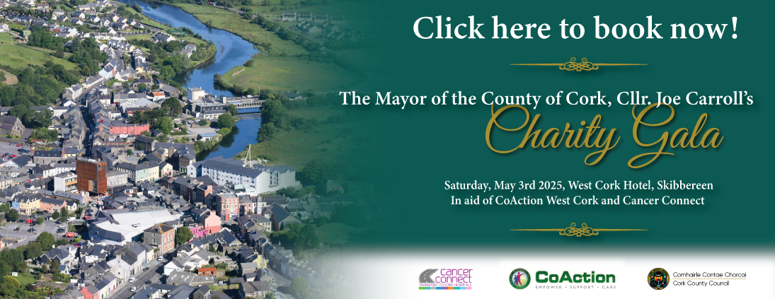 Promotional banner for the Mayor of the County of Cork's Charity Gala with aerial view of town and river on the left.