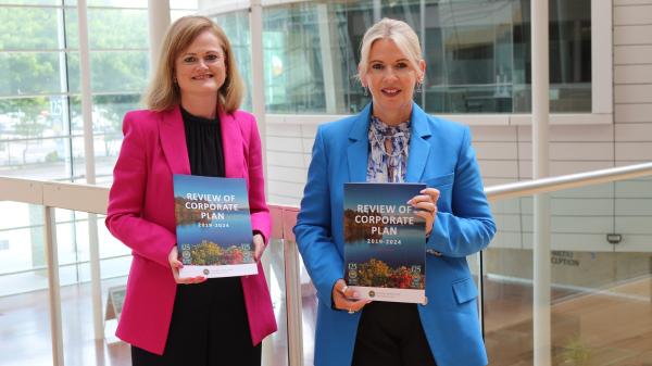 Karina Cremin, Senior Executive Officer, Corporate Services and Chief Executive of Cork County Council, Valerie O'Sullivan holding the 2019 - 2024 Corporate Plan Review.