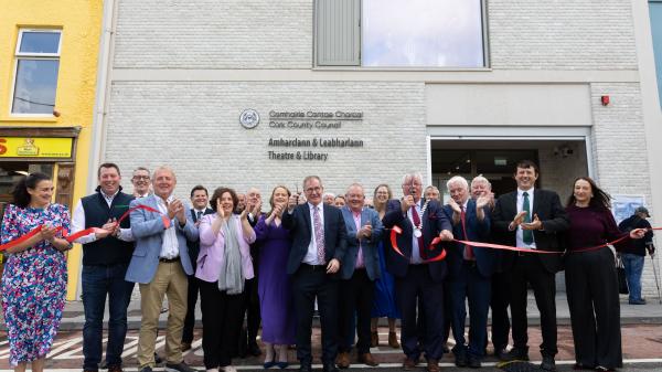 The ribbon being cut on the new Briery Gap Theatre and Library by Mayor of the County of Cork, Cllr Joe Carroll, Chief Executive of Cork County Council Moira Murrell and Minister of State Colm Burke