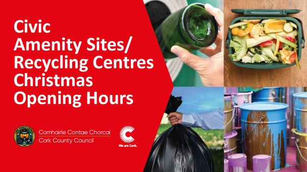 Red background with text on the left, images of recycling and waste activities on the right.