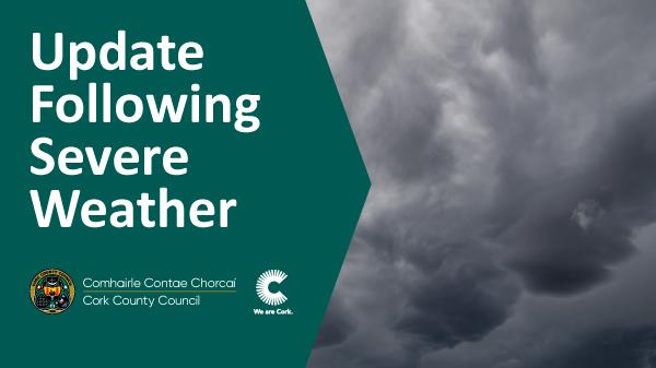 Cloudy sky and text about severe weather update from Cork County Council.