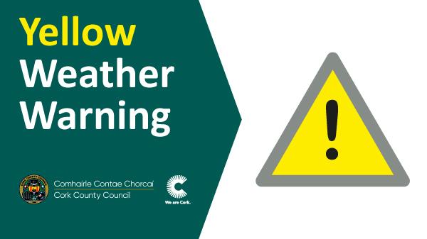 Orange Weather Warning sign with Cork County Council and We Are Cork Logos and a warning symbol.