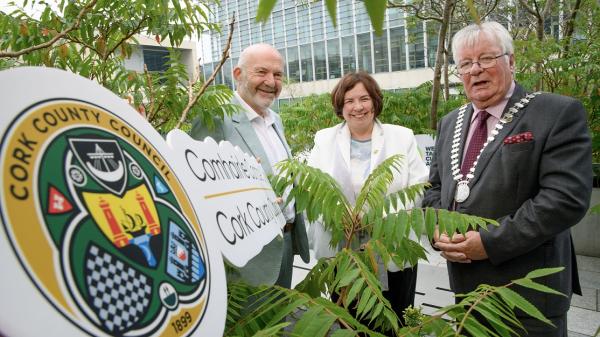 Louis Duffy, Director of Services,  Cork County Council, Moira Murrell, Chief Executive of Cork County Council and Mayor of County Cork, Cllr Joe Carroll launching the Community Climate Action Programme at Cork County Hall.