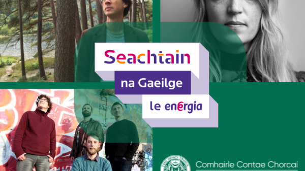 a image with four boxes the first in the top left has a man, the secondond on the top right has a woman, the third on the bottom left has a group of people and the fourth on the bottom right has a logo for Cork County Council. The centre of the image is the logo for Seachtain na Gaelige.