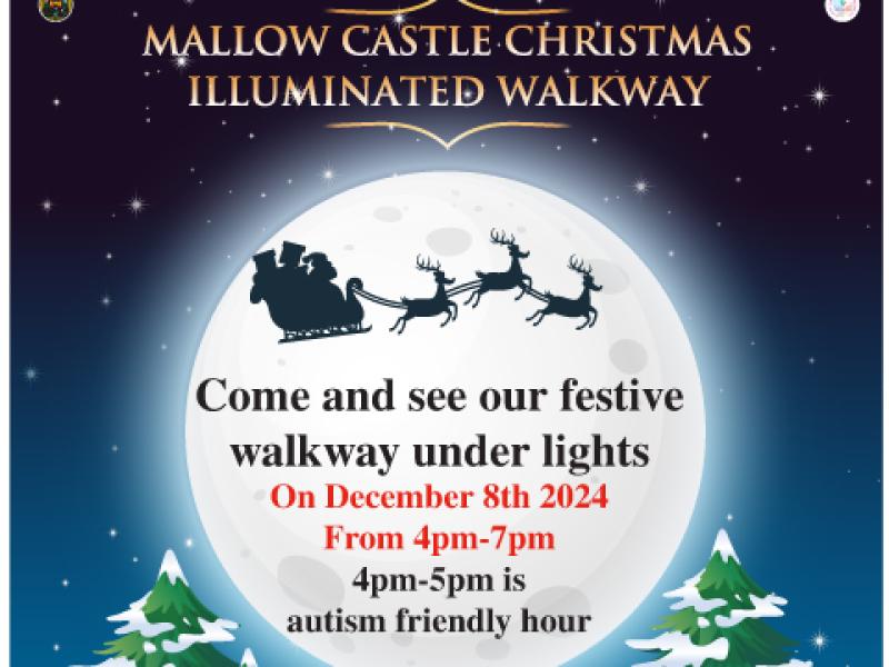 Poster for Mallow Castle Christmas Illuminated Walkway with Santa silhouette on the moon and snow-covered trees.