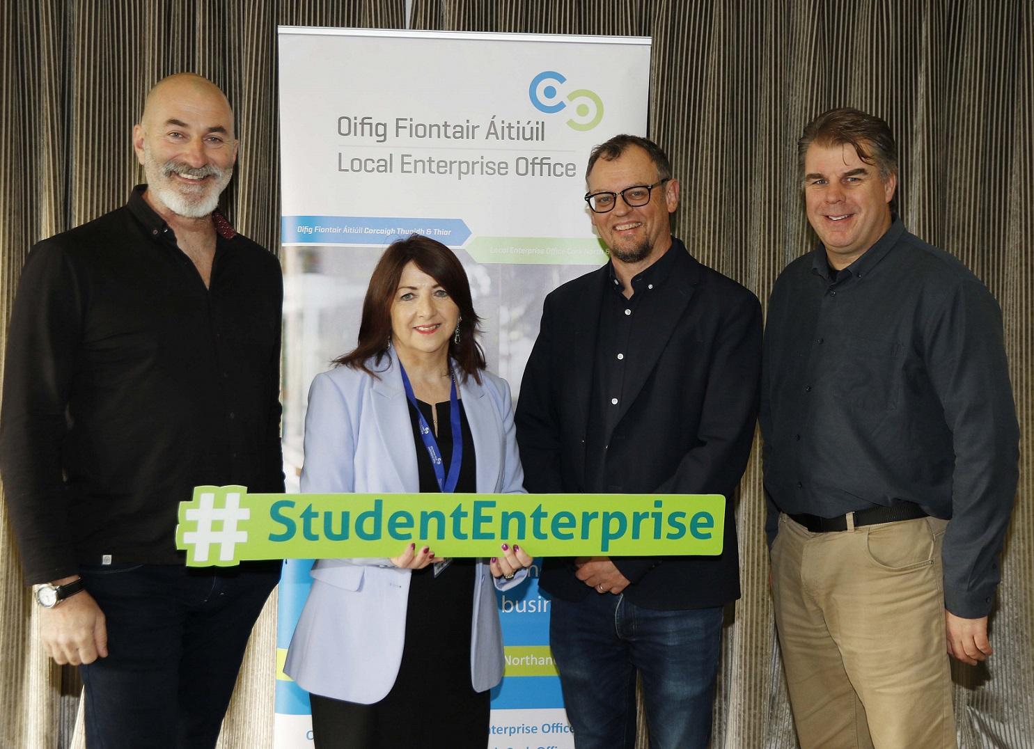        Pictured at the Schools Enterprise Programme Innovation Day at the Charleville Park Hotel were Andrea Splendori (left) and Michael Keogh (right) of the Enterprise Academy with Joan Kelleher of the Local Enterprise Office Mallow and Gary Lowe, Programme Co-ordinator.