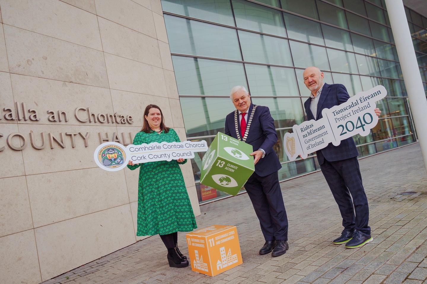 Launching Cork County Council’s Community Climate Action Programme (CCAP), which provides targeted funding for community groups to deliver local community climate action, were Cllr. Frank O’Flynn, Mayor of the County of Cork, Loraine Lynch, Divisional Manager, Cork County Council, and Louis Duffy, Director of Services for Environment, Cork County Council.