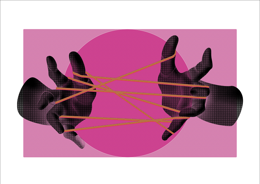 An artisitic 3D image showing 2 black hands intertwined with orange string on a pink background.