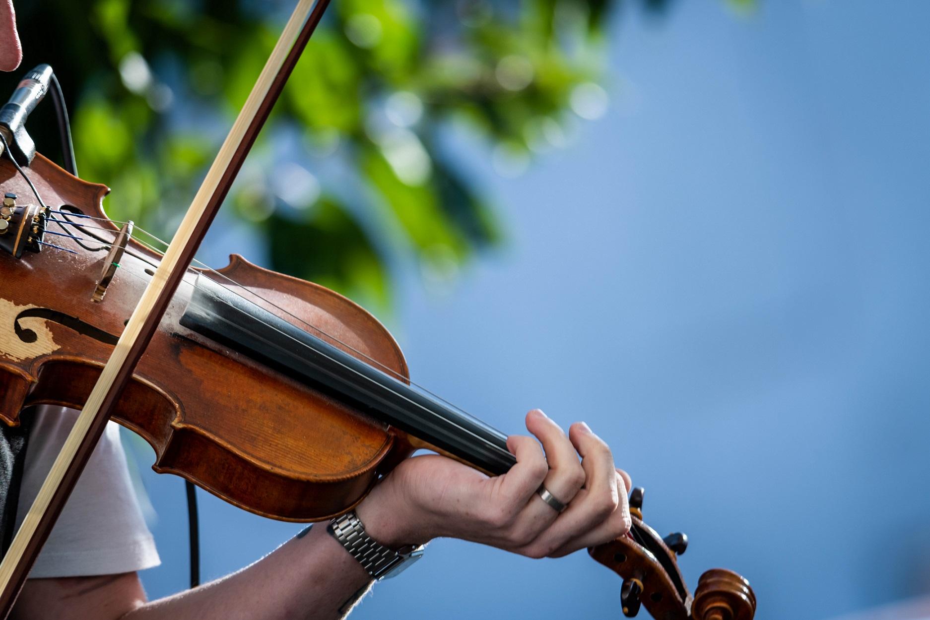 A violin being played with a blue sky  and tree in the background.