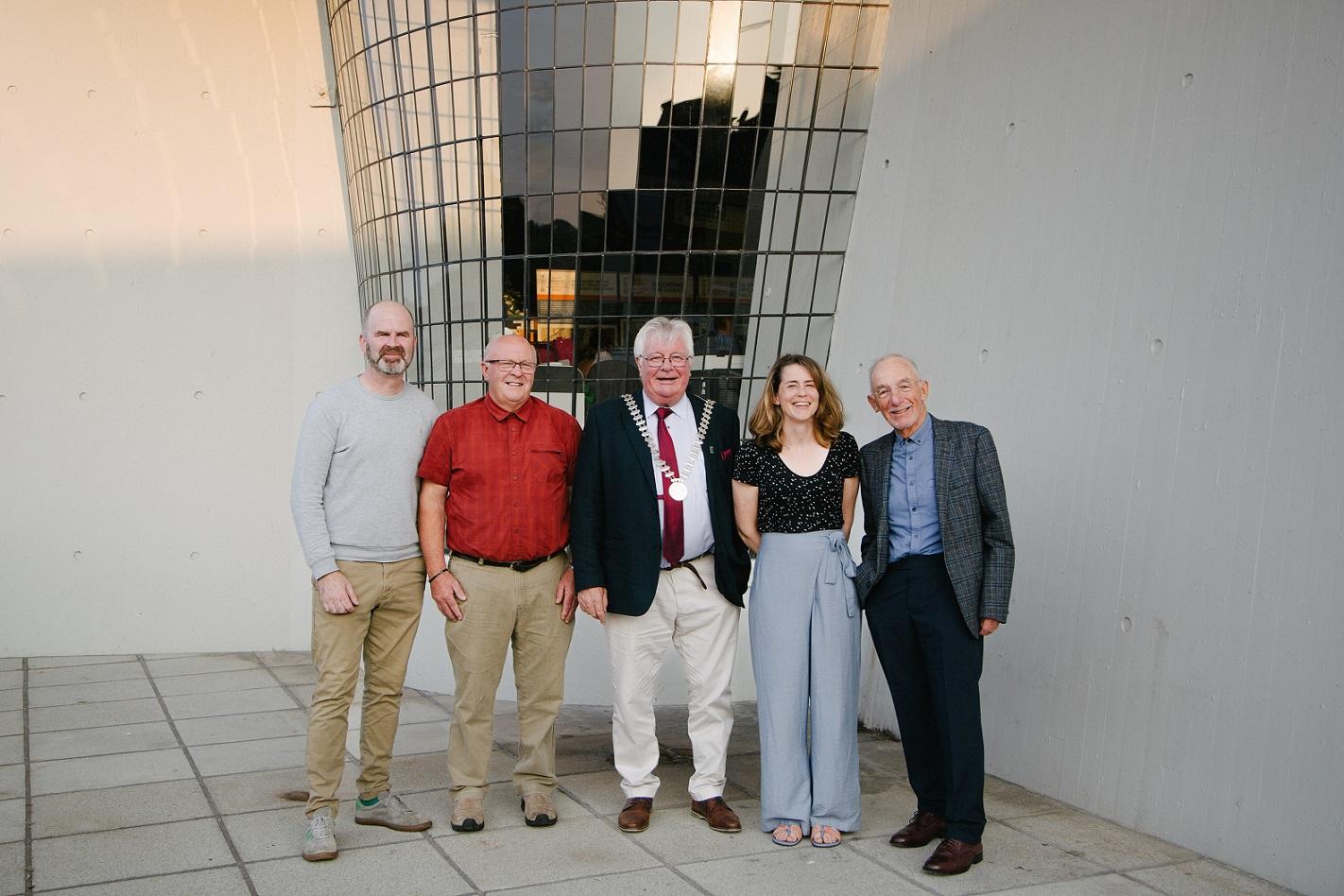 Mayor of the County of Cork, Cllr. Joe Carroll with Dermot Harrington and Claire Dix who have made a documentary celebrating Bantry Library’s 50th birthday, Architect Harry Wallace who designed the building and John O’Neill who was one of the construction team. 