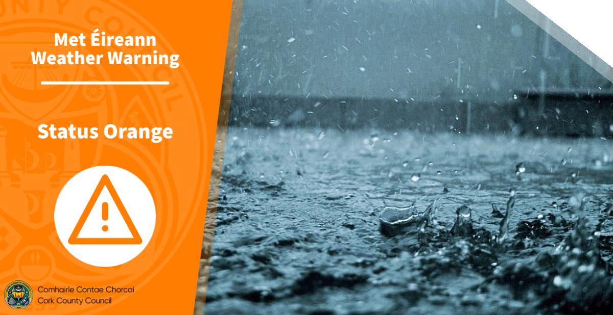 A status orange rain warning has been issued for Cork