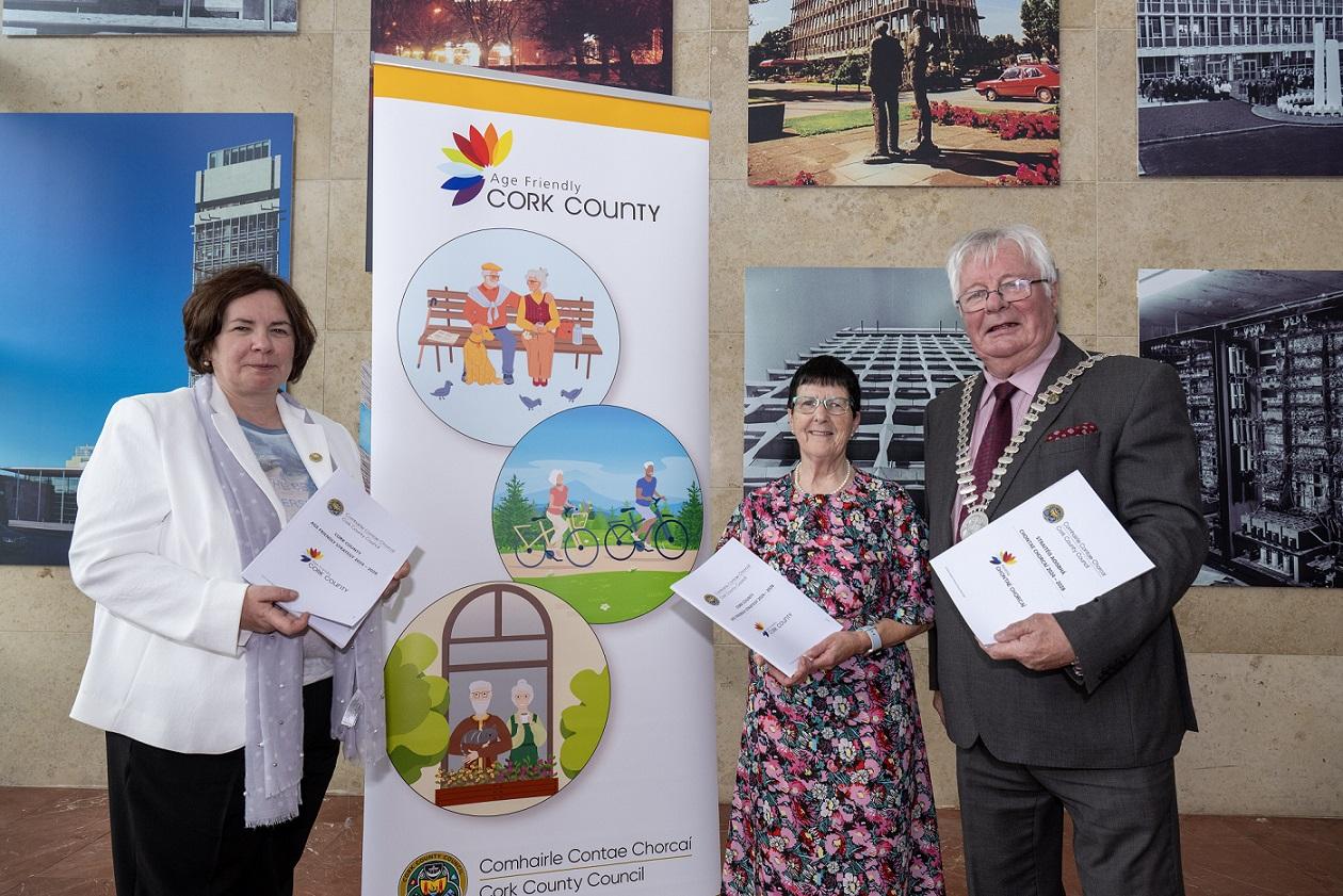 Moira Murrell, Chief Executive Cork County Council; Liz Downes, Chair of the Older Peoples Council and Cllr Joe Carroll, Mayor of the County of Cork launching the Age Friendly strategy 2024 - 2028.