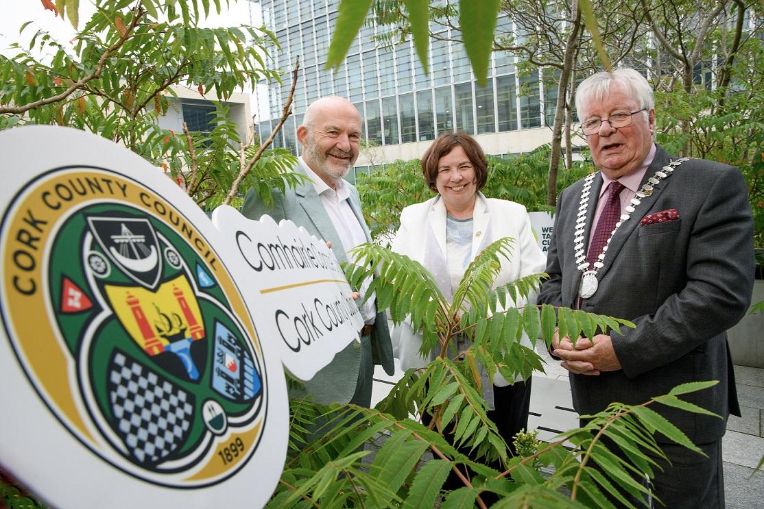 Louis Duffy, Director of Services,  Cork County Council, Moira Murrell, Chief Executive of Cork County Council and Mayor of County Cork, Cllr Joe Carroll launching the Community Climate Action Programme at Cork County Hall.